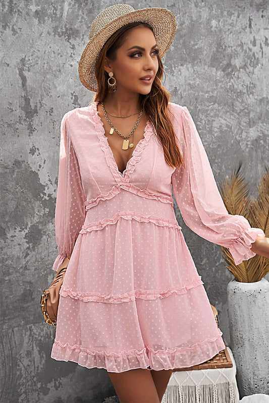 Pink Layered Ruffled Open Back V Neck Mini Dress