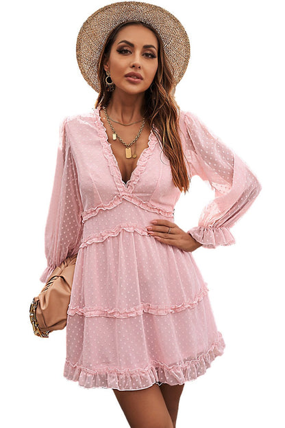 Pink Layered Ruffled Open Back V Neck Mini Dress