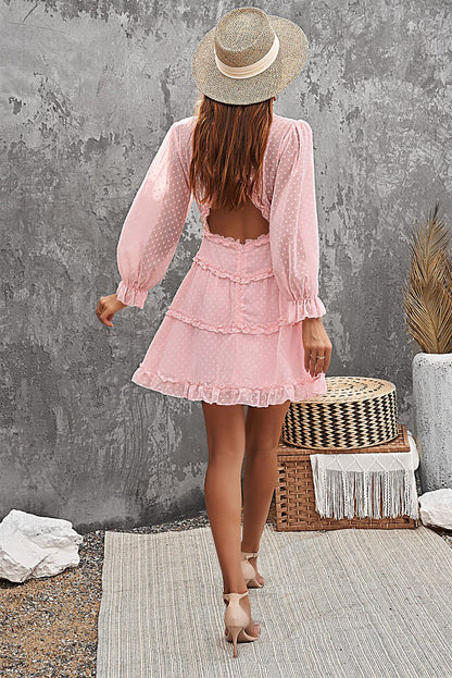 Pink Layered Ruffled Open Back V Neck Mini Dress