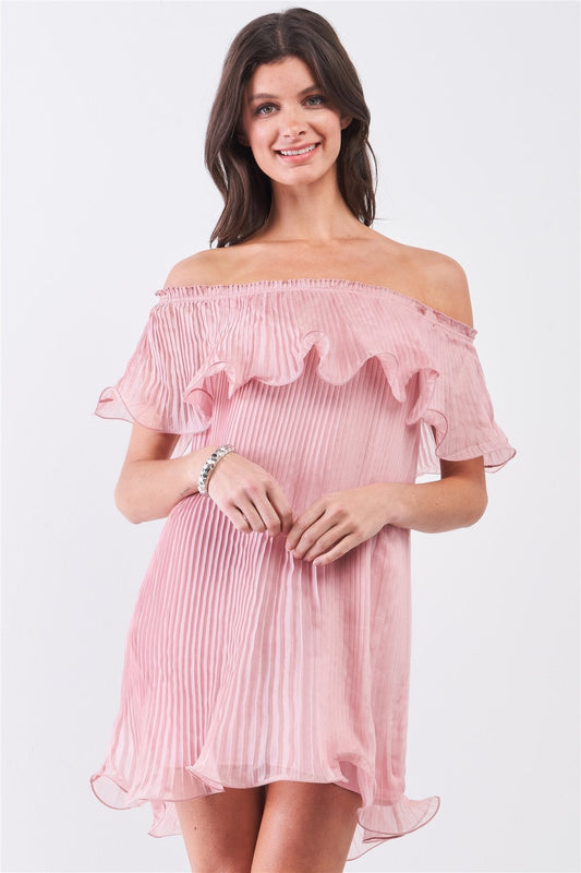 Pink Pleated Off-the-shoulder Double Layered Frill Trim Mini Dress - Aphrodite Wears Pink
