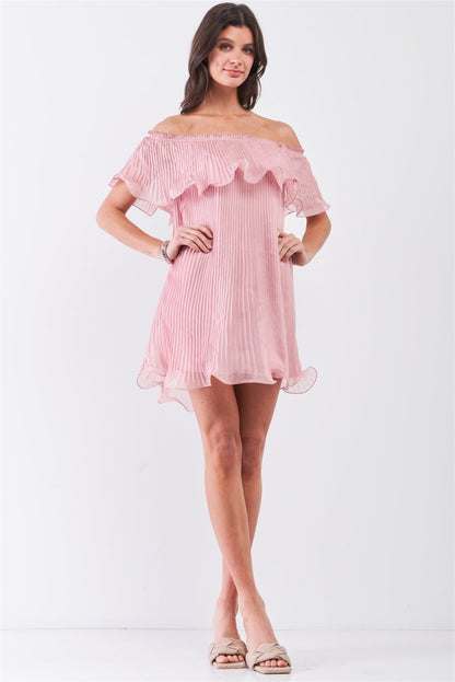 Pink Pleated Off-the-shoulder Double Layered Frill Trim Mini Dress - Aphrodite Wears Pink