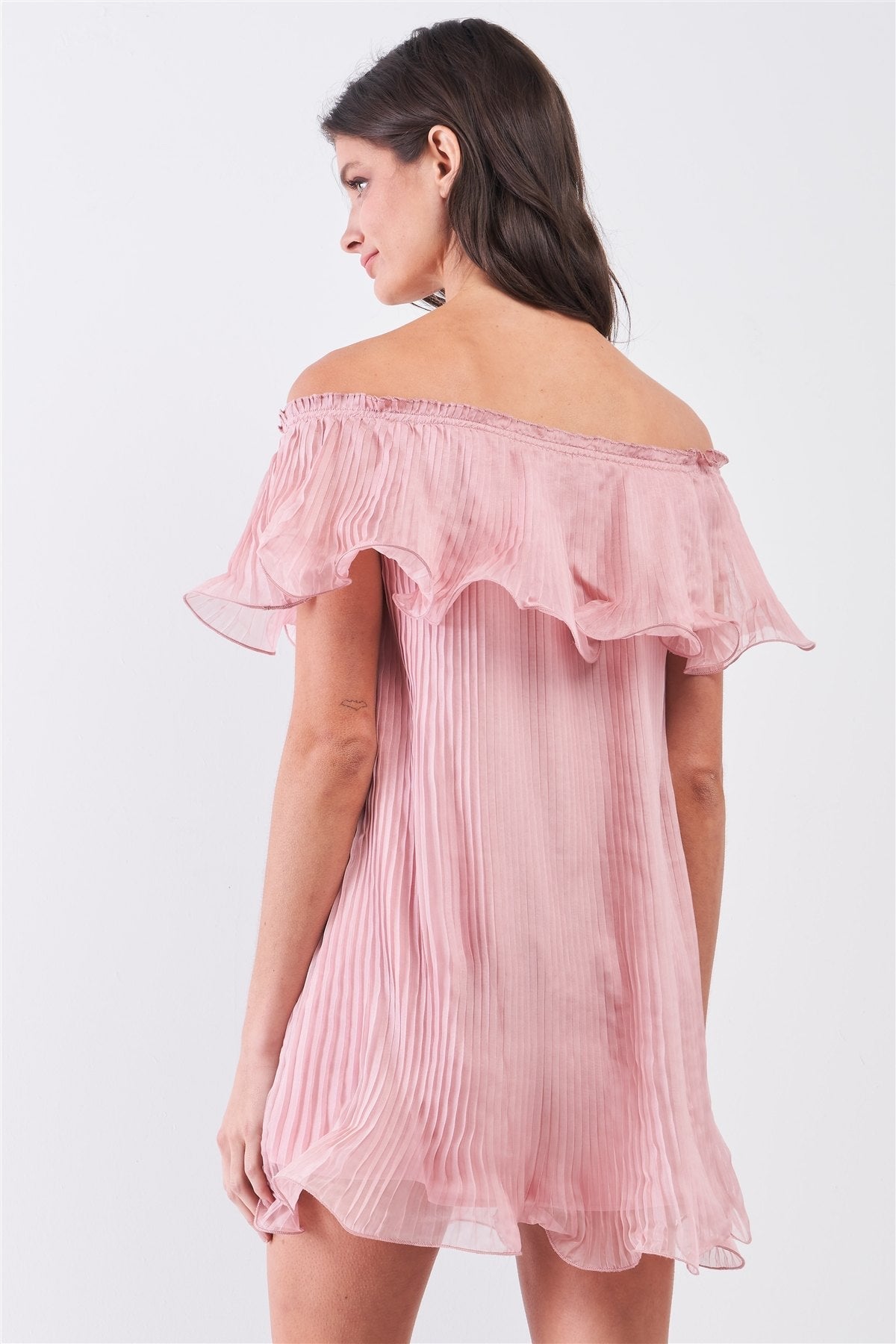 Pink Pleated Off-the-shoulder Double Layered Frill Trim Mini Dress - Aphrodite Wears Pink
