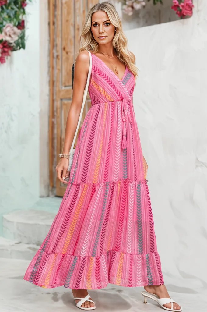 Pink Tribal Tassel Tie V Neck Surplice Maxi Dress - Aphrodite Wears Pink