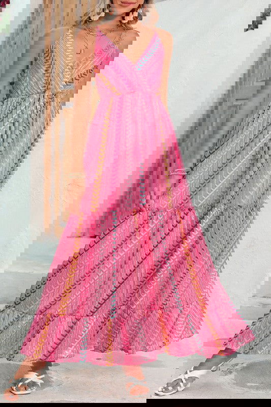 Pink Tribal Tassel Tie V Neck Surplice Maxi Dress - Aphrodite Wears Pink