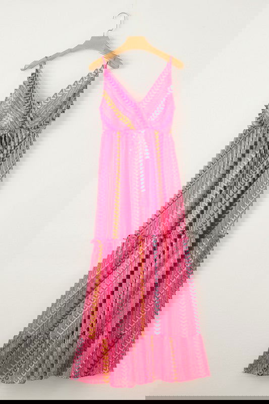 Pink Tribal Tassel Tie V Neck Surplice Maxi Dress - Aphrodite Wears Pink