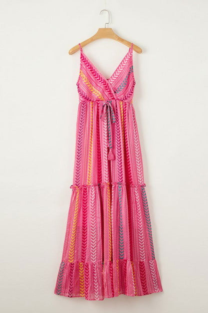 Pink Tribal Tassel Tie V Neck Surplice Maxi Dress - Aphrodite Wears Pink