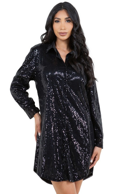 SEXY FASHION SHIRT SEQUINS DRESS - Aphrodite Wears Pink