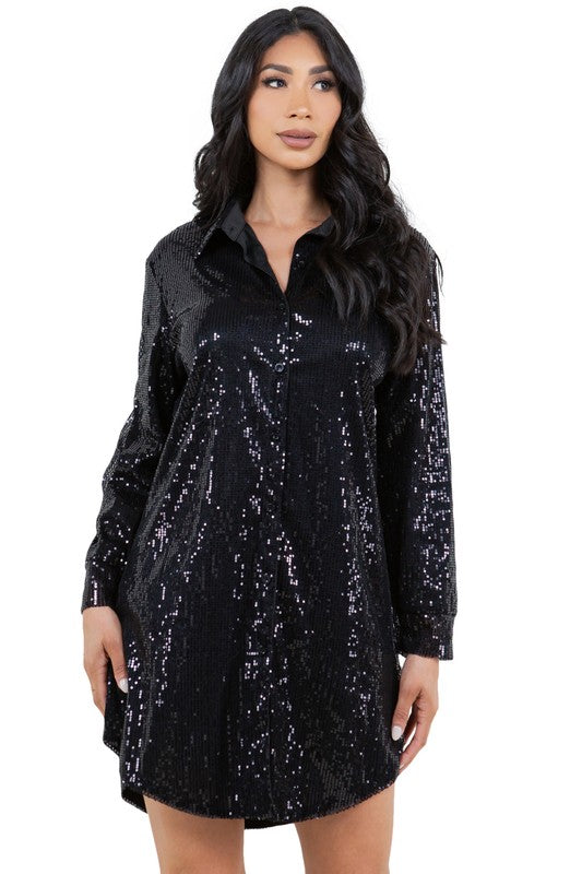 SEXY FASHION SHIRT SEQUINS DRESS - Aphrodite Wears Pink