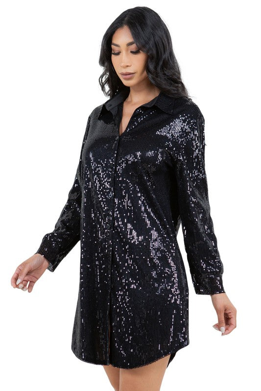 SEXY FASHION SHIRT SEQUINS DRESS - Aphrodite Wears Pink