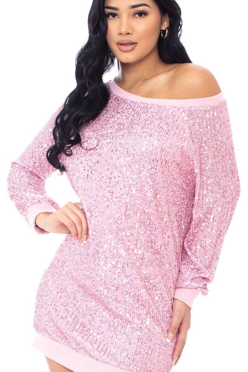 Sequin Wide Neck Boxy Mini Dress - Aphrodite Wears Pink