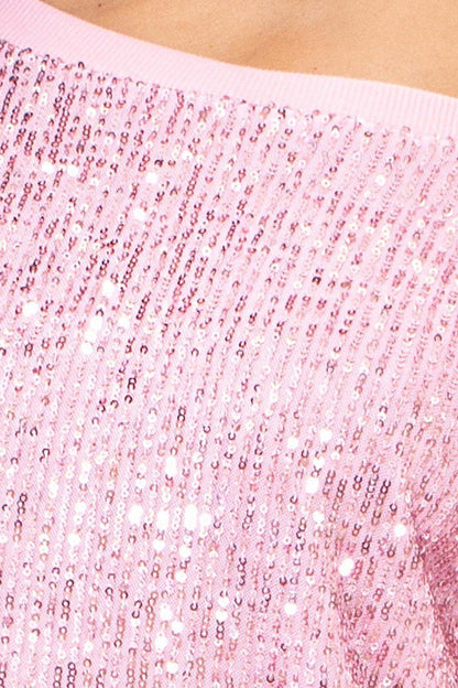 Sequin Wide Neck Boxy Mini Dress - Aphrodite Wears Pink