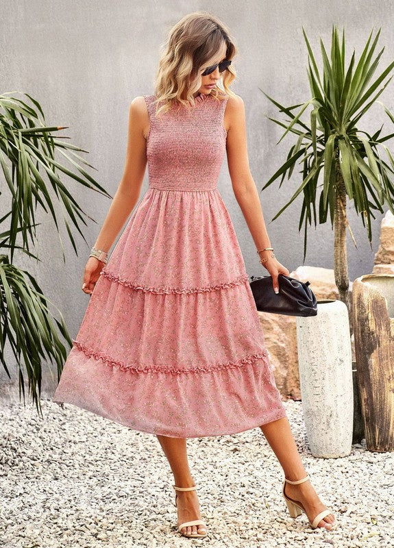 Women's Ruffle Floral Flared Swing Casual Dress - Aphrodite Wears Pink