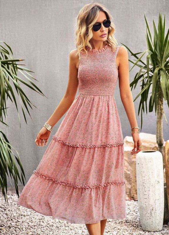 Women's Ruffle Floral Flared Swing Casual Dress - Aphrodite Wears Pink