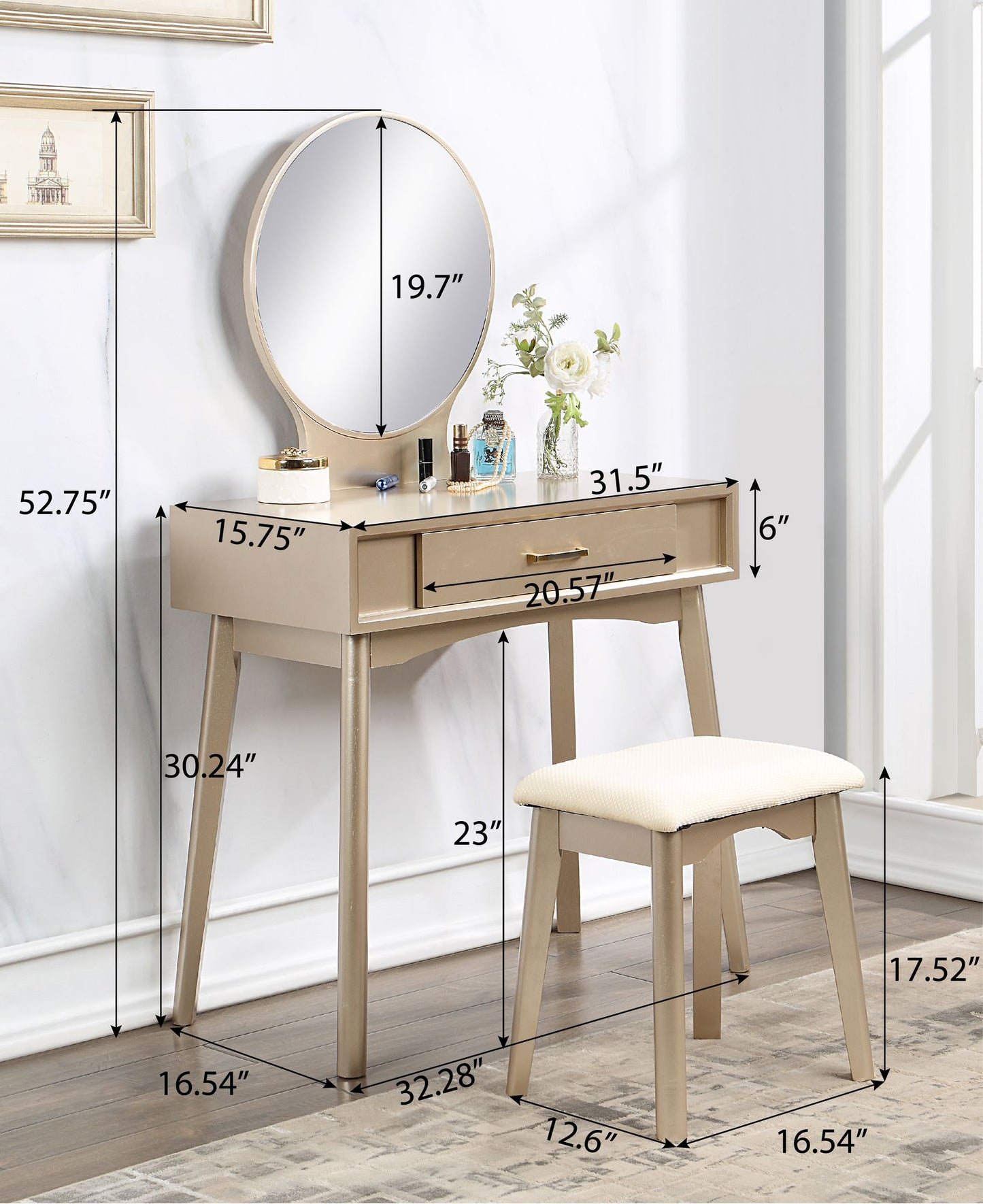Malia Contemporary Wood Vanity and Stool Set, Pink
